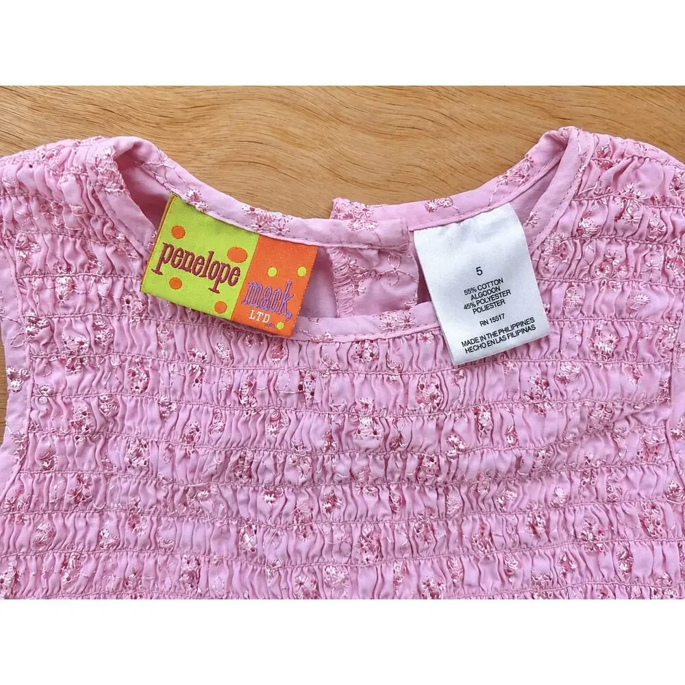 Penelope Mack Girls Size 5 Pink Eyelet Smocked Tiered Ruffle Dress Embroidered